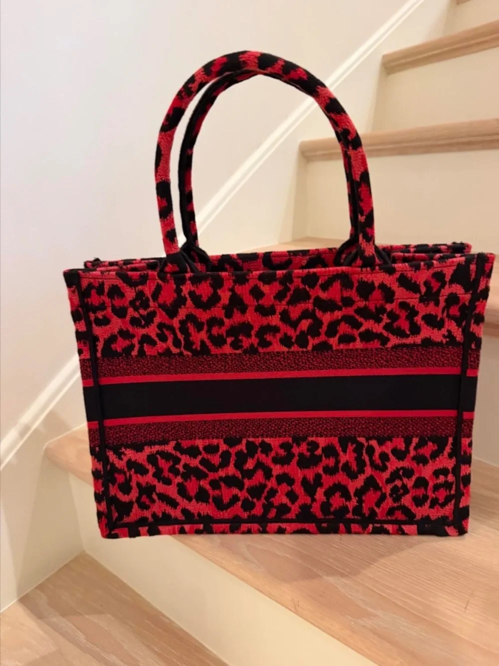 Authentic Dior Book Tote Red Black Leopard Embroidered Large Bag